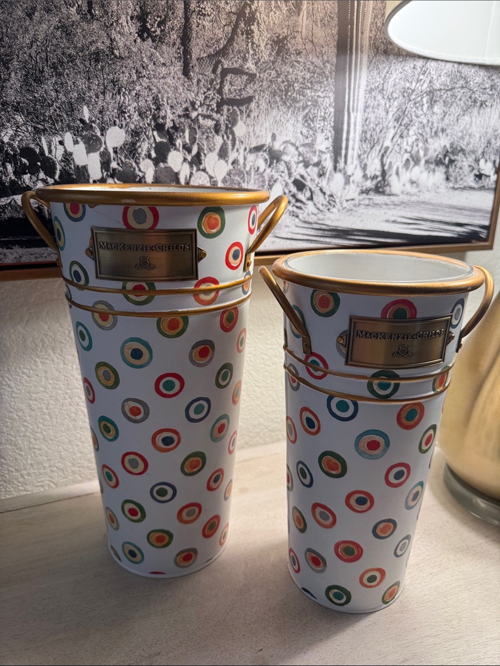 MacKenzie-Childs White Ceramic Vases with Multi-Color Dot Pattern